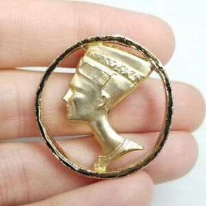Vintage Queen Nefertiti Egyptian Lapel Pin Gold Tone Brooch, Revival Jewelry